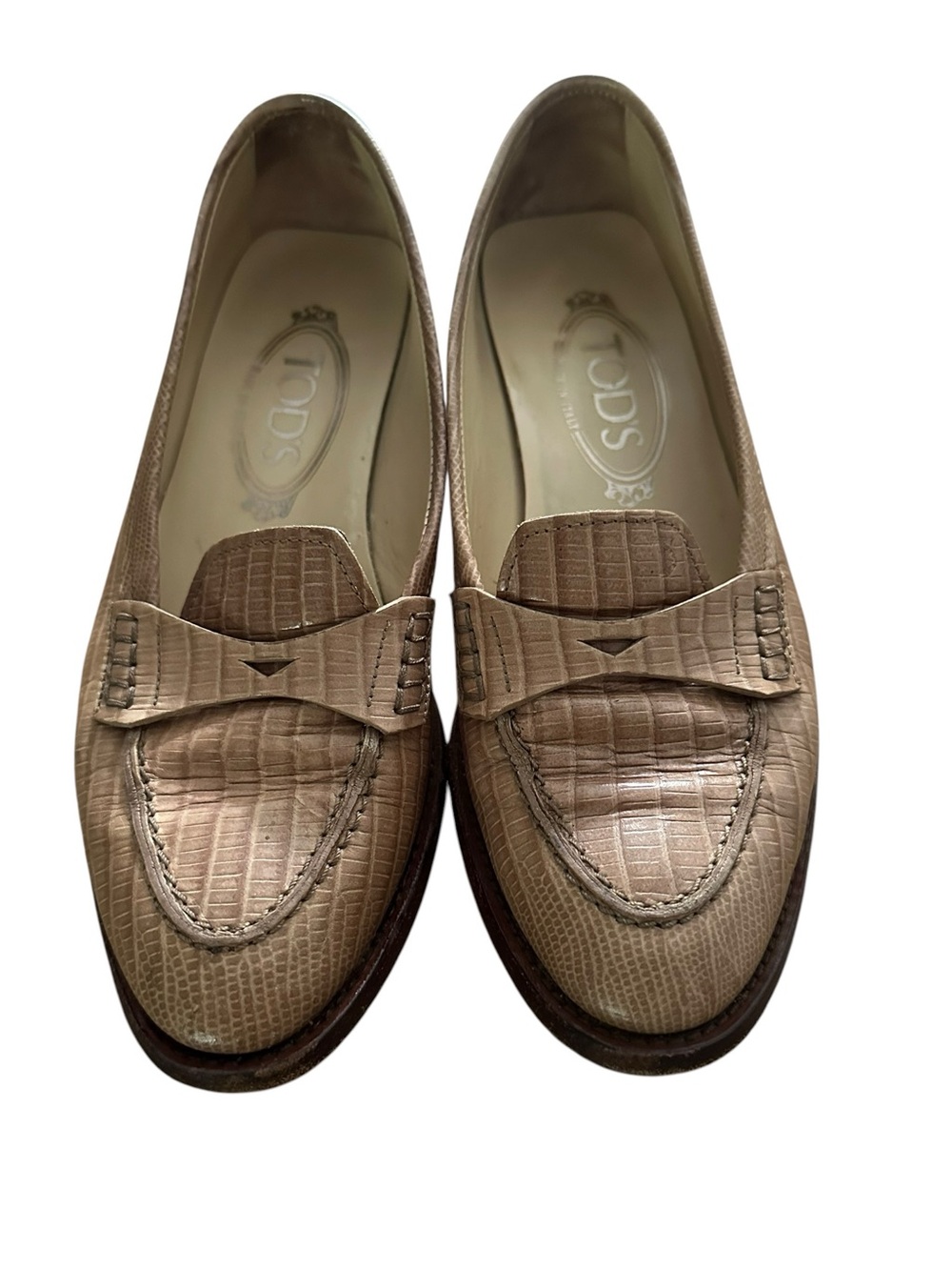 Tod's Taupe Embossed Leather Penny Loafers
